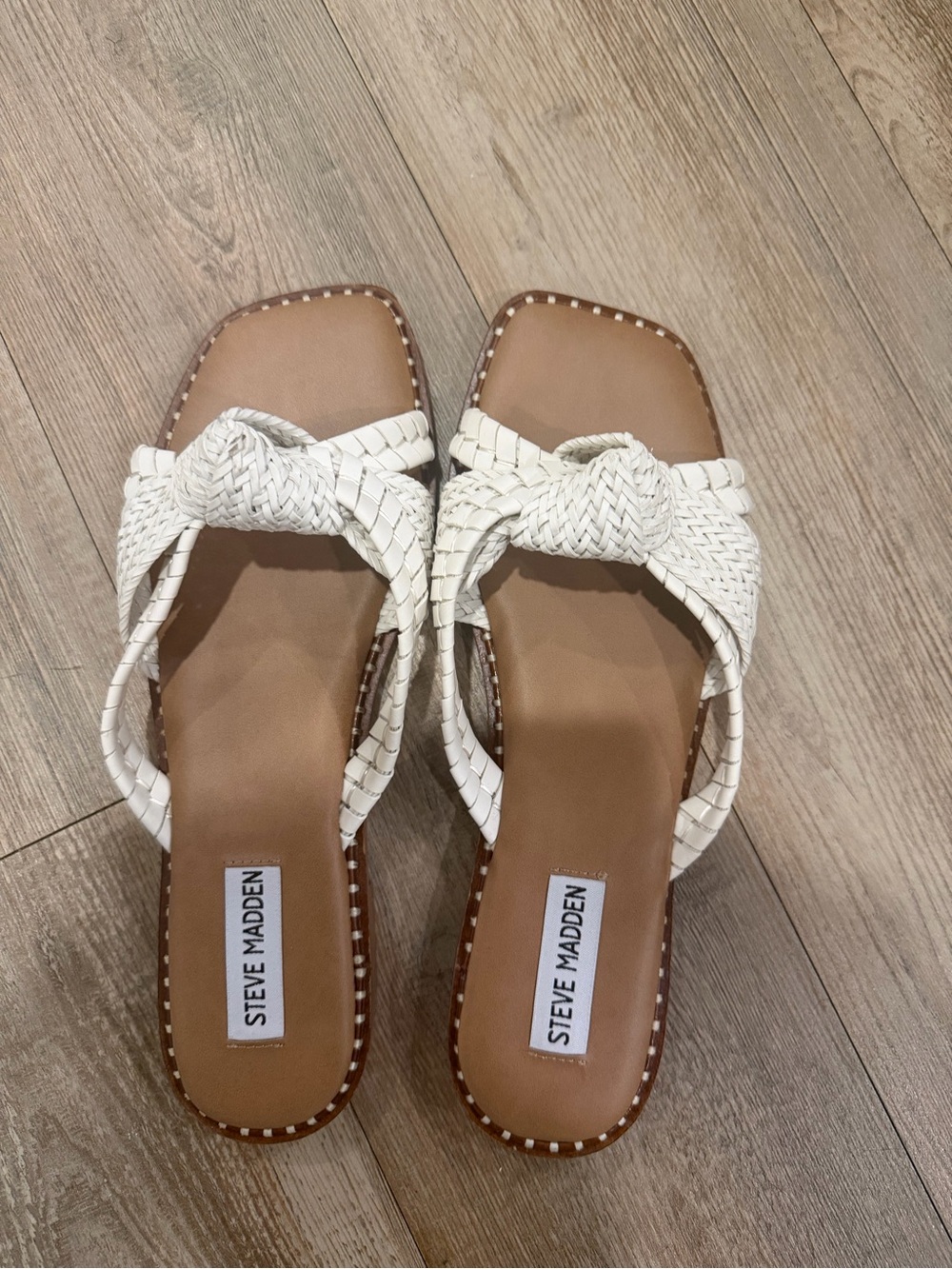 Steve Madden White Braided Knot Slide Sandals with Tan Footbed